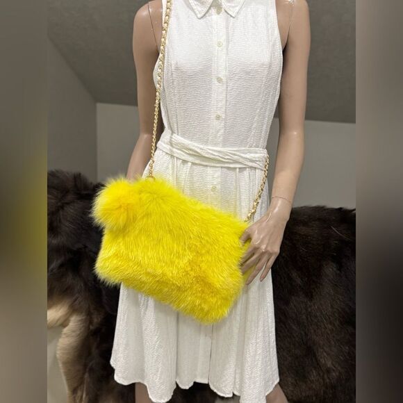 Yellow Handmade Luxury Real Fox Fur Shoulder Bag/Crossbody & Fox Fur Ball Charm - Picture 11 of 17